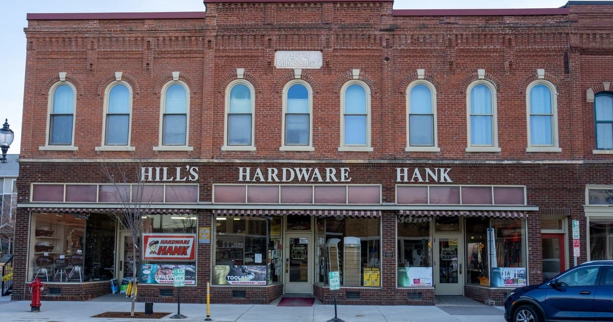Charming brick facade of Hill's Hardware Hank in Wabasha, Minnesota.